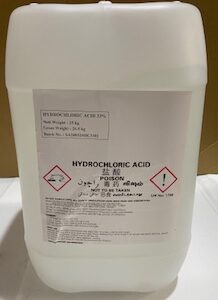 White plastic container labelled Hydrochloric Acid (HCl) with chemical hazard symbols.