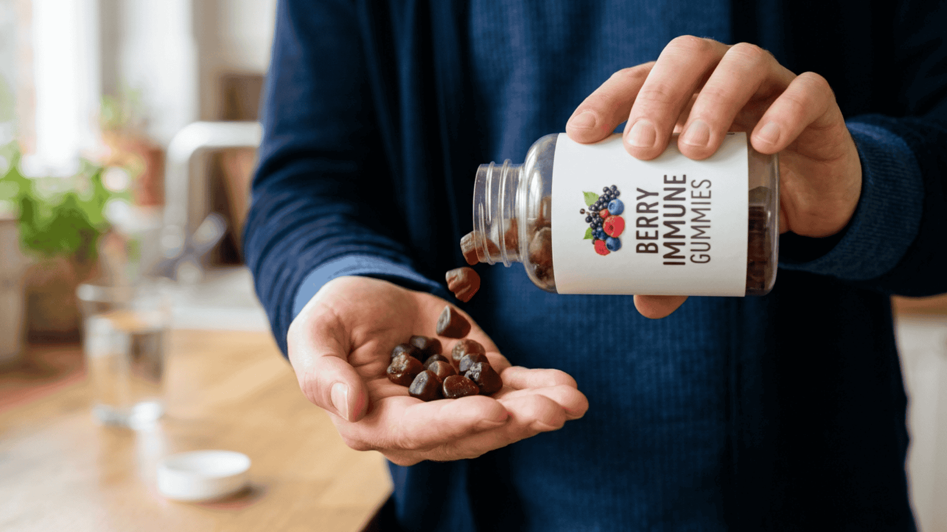 Person pouring berry flavoured supplement gummies into a hand as a nutritional product related to calcium carbonate fortification.