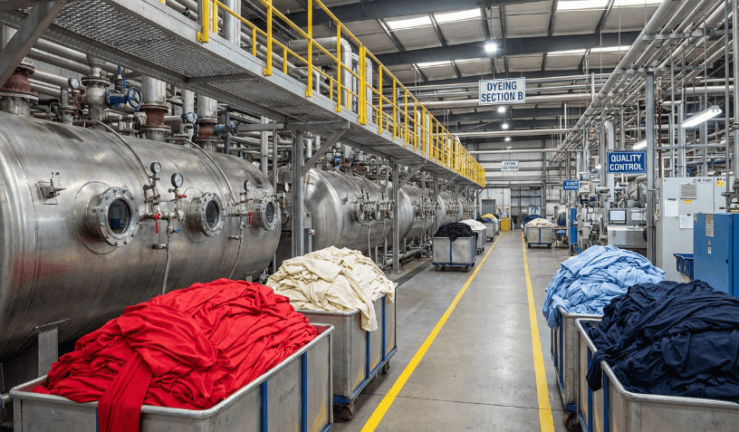 Industrial textile dyeing machines lined up inside a dyeing plant, with carts of red, cream, and blue fabric positioned in front of the stainless steel dye vessels.