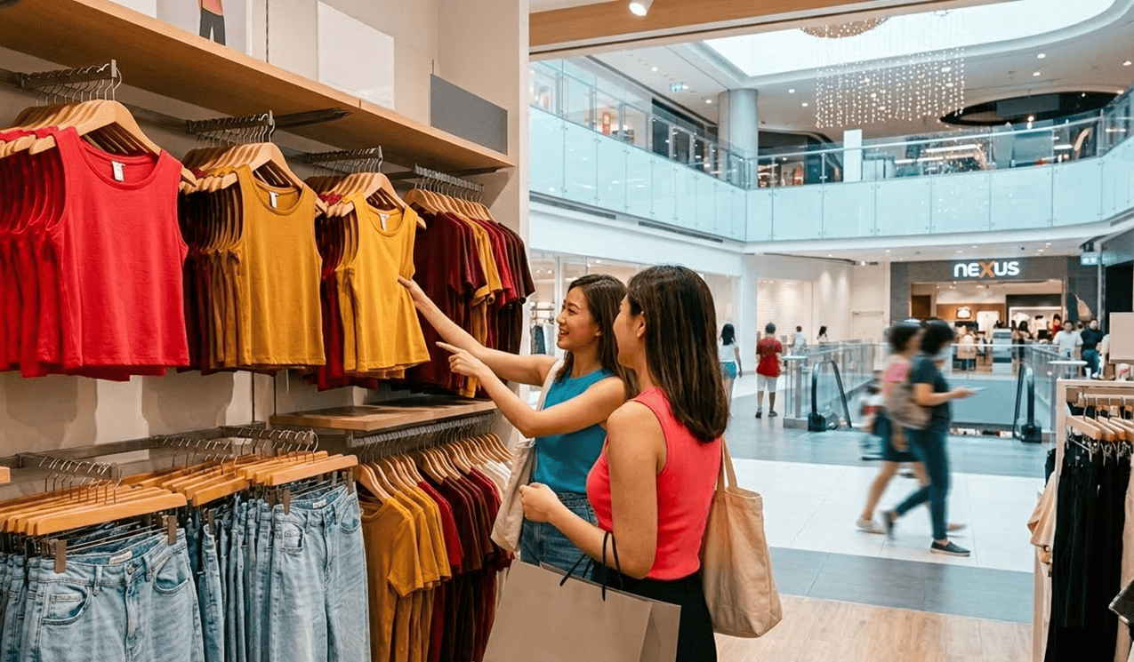 Shoppers browsing a retail clothing display featuring neatly arranged tops in red, yellow, and burgundy tones alongside racks of denim jeans.