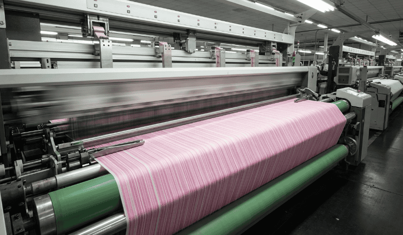 A large industrial weaving machine producing pink striped fabric, with the cloth moving across multiple rollers inside a textile manufacturing facility.