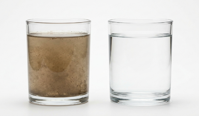 Comparison of turbid water and clarified water after water clarification treatment process