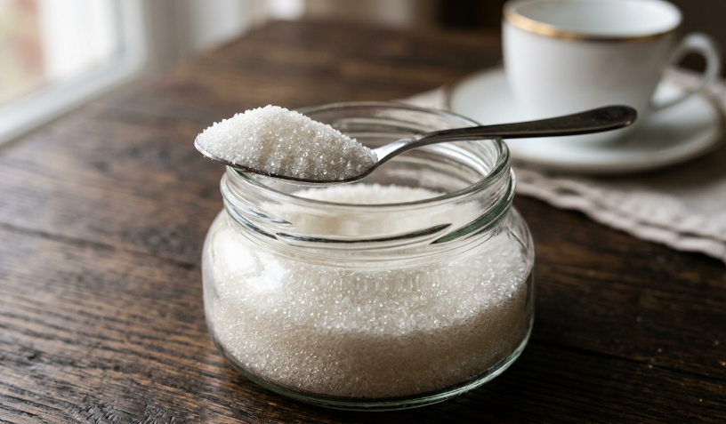 White crystalline granules, like Sucralose, in a glass jar with a spoon resting on the rim