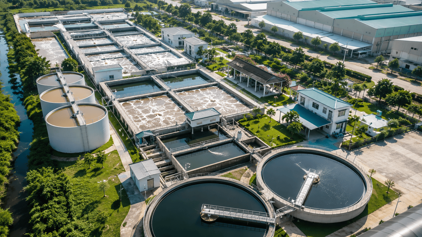 Aerial view of an industrial wastewater treatment facility where calcium hypochlorite supports water disinfection and microbial control