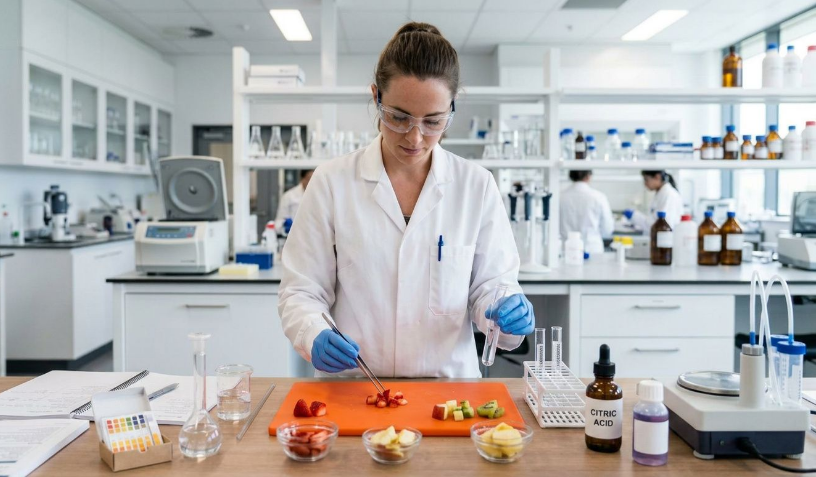 Food scientist evaluating Citric Acid in a food laboratory to optimise formulation stability, pH control, and product quality.