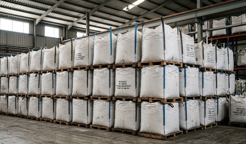Rows of bulk material stored in FIBC jumbo bags inside an industrial warehouse used for storing moisture-control compounds such as calcium chloride.