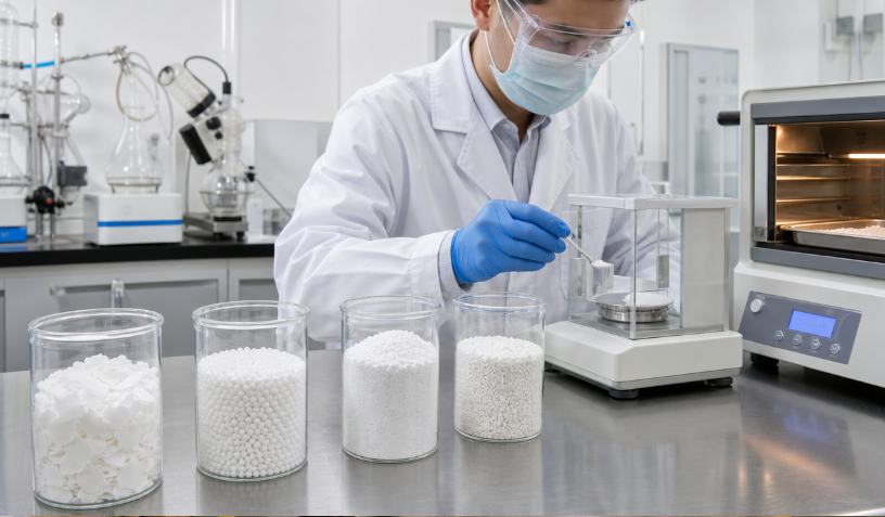 Laboratory testing of white granular moisture-control materials on a precision balance, which are used to evaluate drying agents such as calcium chloride.