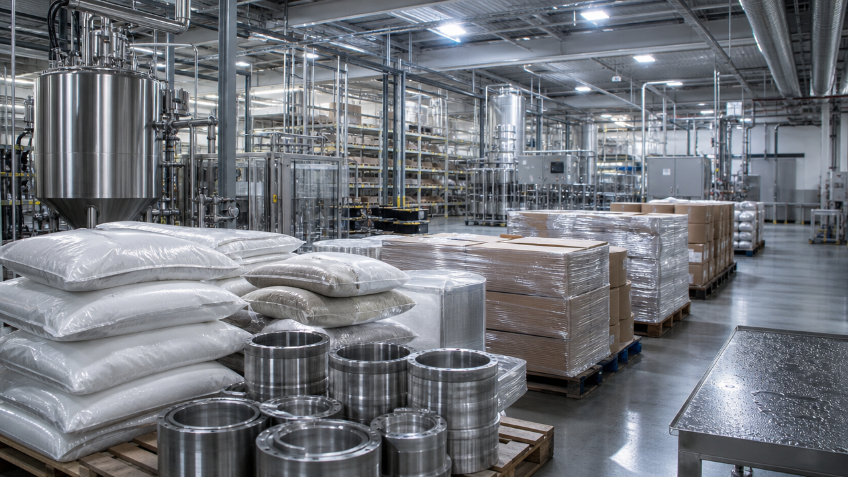 Industrial manufacturing facility storing moisture-sensitive raw materials and packaged products where calcium chloride is used to reduce humidity, condensation, and protect goods from moisture damage.