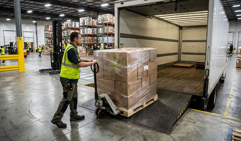 Warehouse worker loading a stretch-wrapped pallet of moisture-sensitive products into a truck.