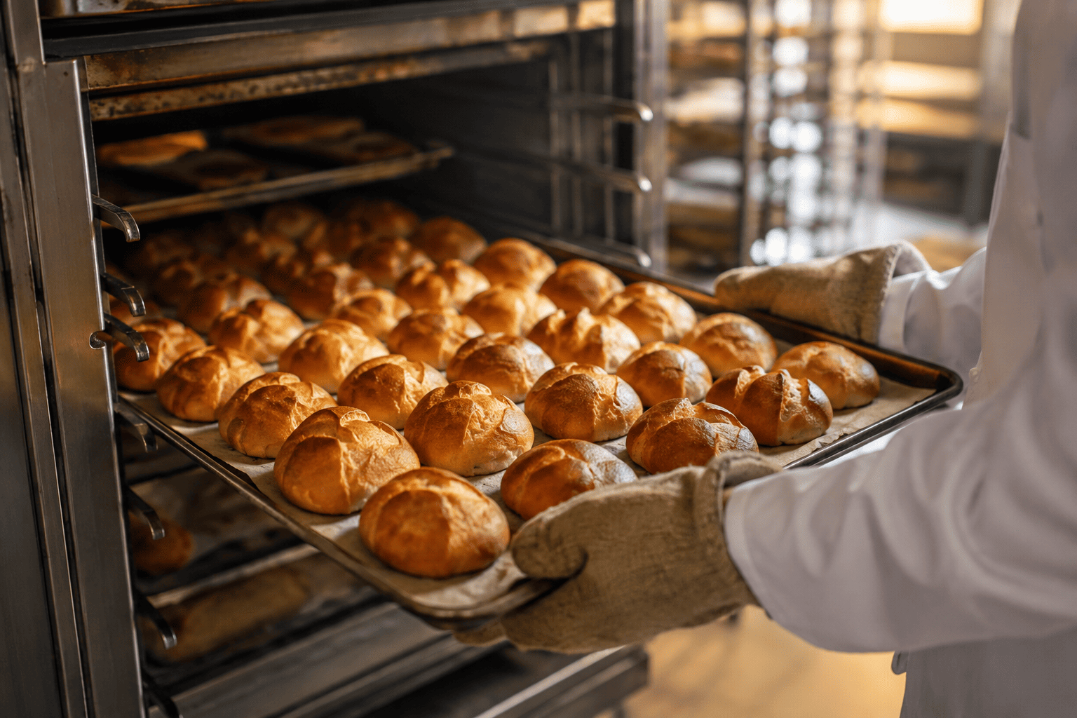 Golden-brown bread rolls in an industrial oven, showing colour development associated with dextrose in baking.