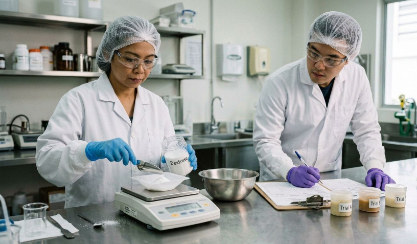 Food technologists weighing dextrose for three small-scale food formulation trials.