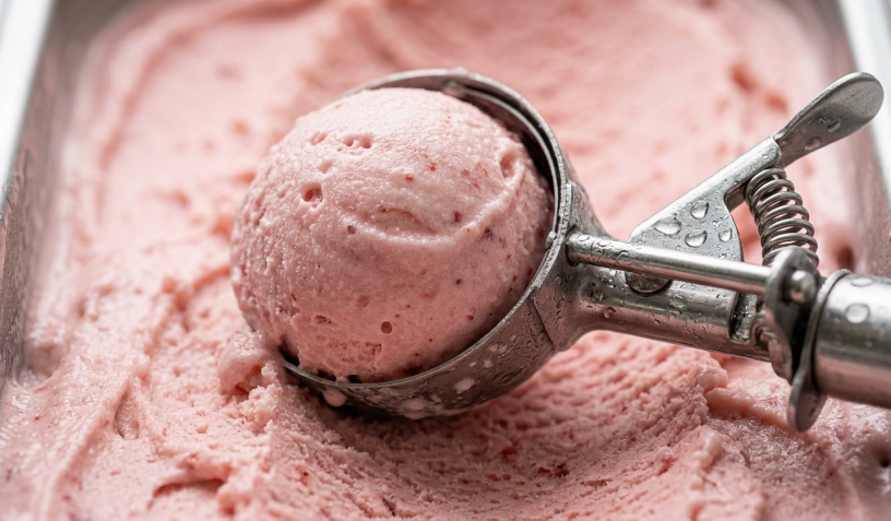 Ice cream being scooped to show its texture and scoopability.