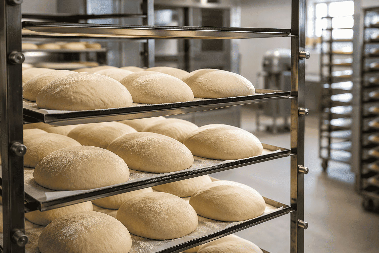 Rows of proofed bread dough on industrial bakery racks during fermentation.