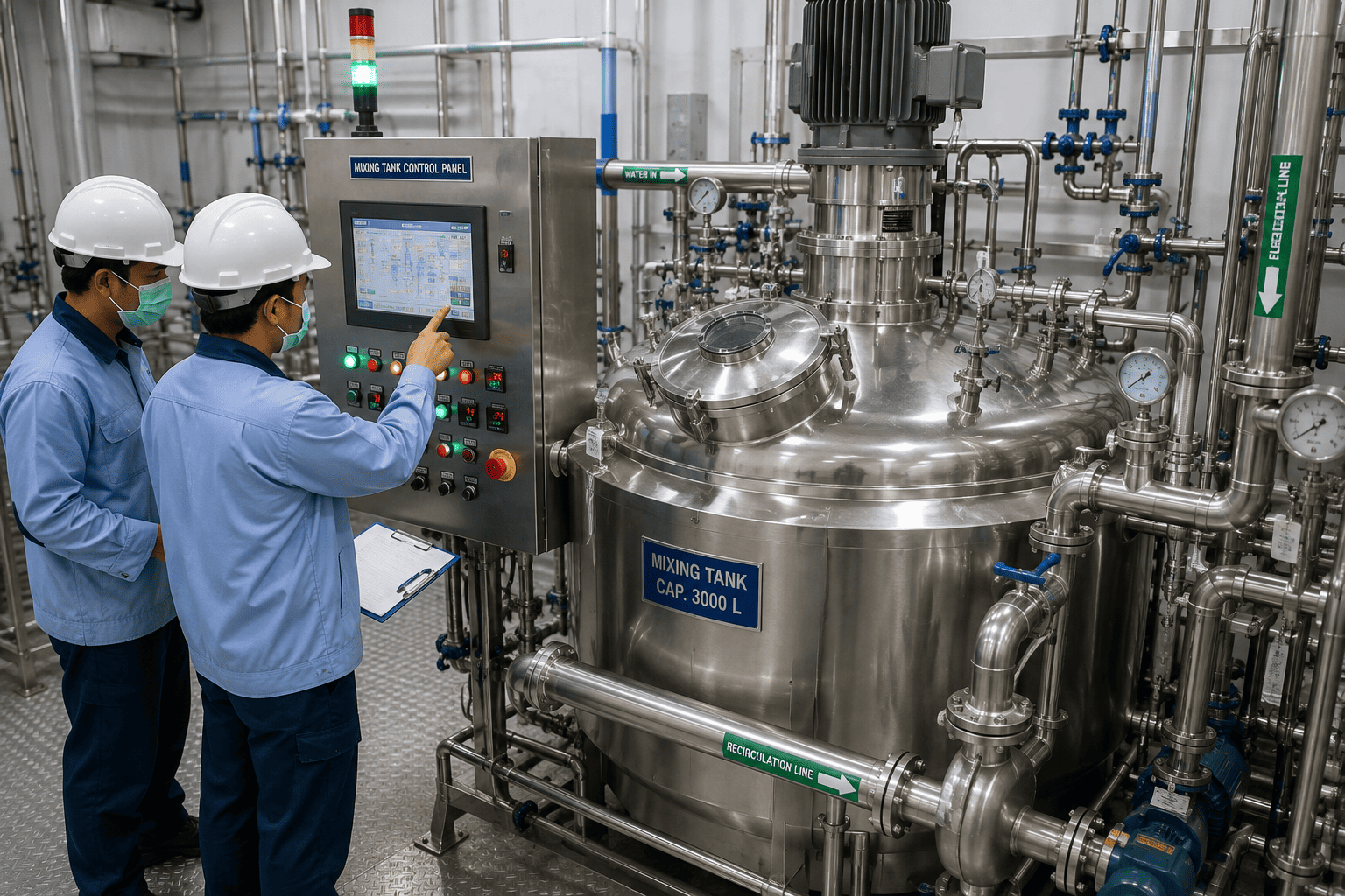 Operators monitoring a stainless-steel detergent mixing vessel and batch control panel.