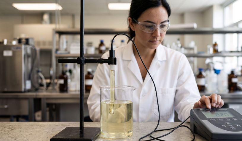 Laboratory technician measuring the pH of a liquid detergent sample with a benchtop meter.