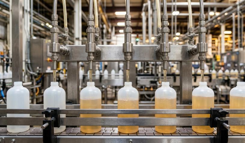 Liquid detergent being dispensed into bottles on an automated filling line.
