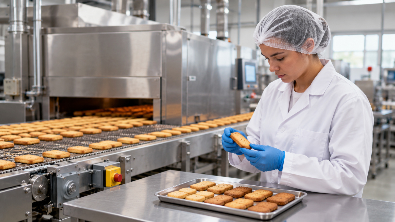 Food quality specialist inspecting baked biscuits beside a commercial bakery production line.
