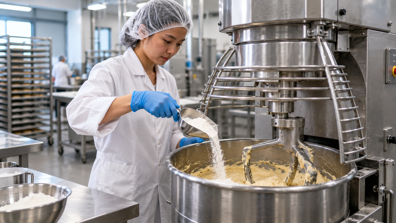 Food technologist adding a measured powdered ingredient to batter in a commercial bakery mixer.