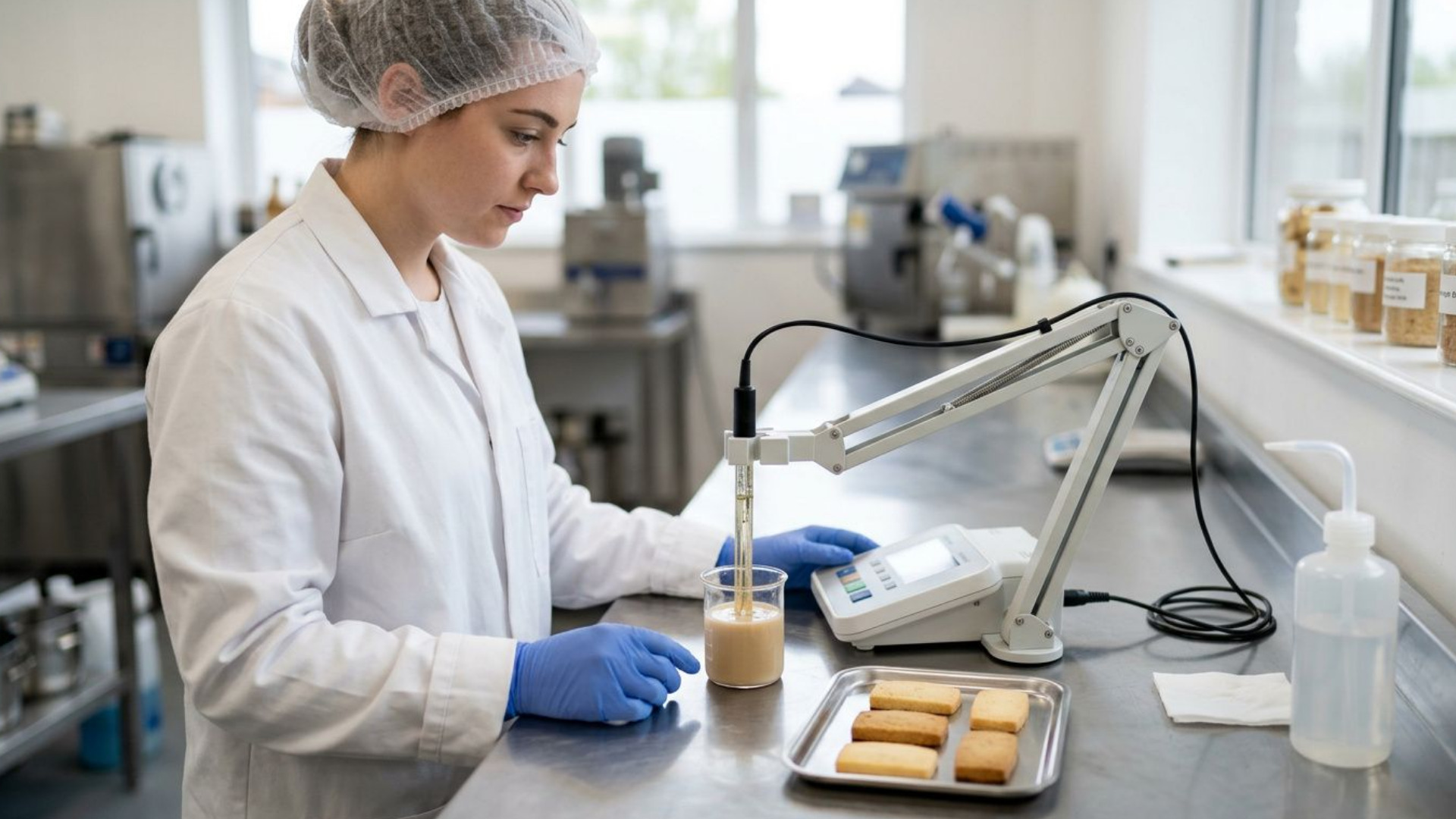 Food technologist measuring the pH of a bakery sample beside baked product samples in a quality-control laboratory.