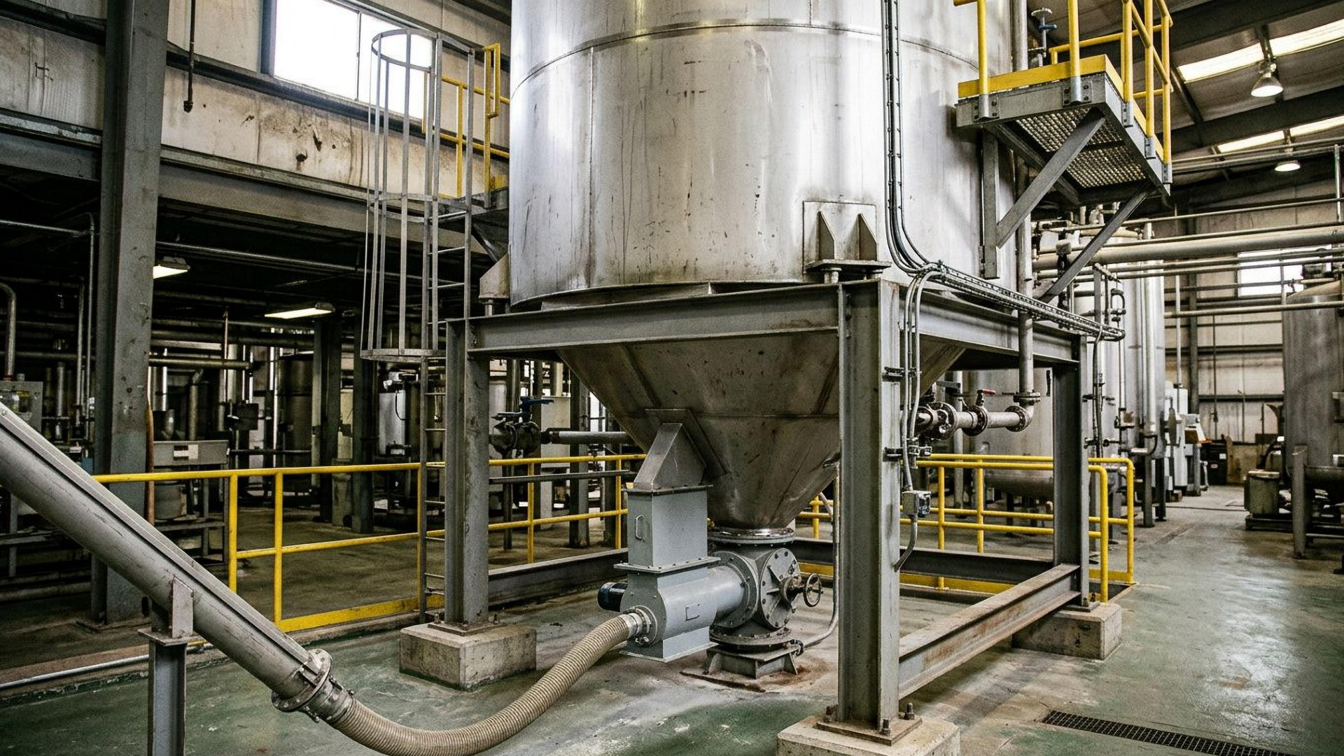 Industrial dry bulk storage vessel with a conical hopper and enclosed material-handling equipment below.