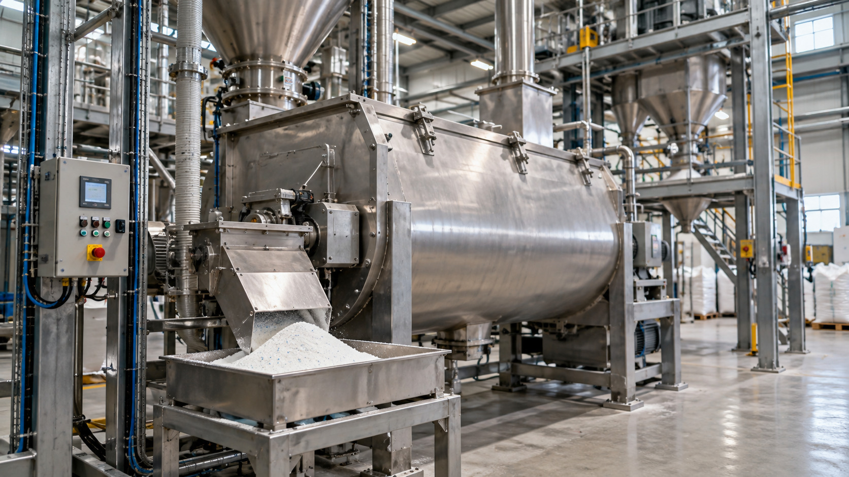 Industrial powder blender discharging finished detergent powder in a manufacturing plant.