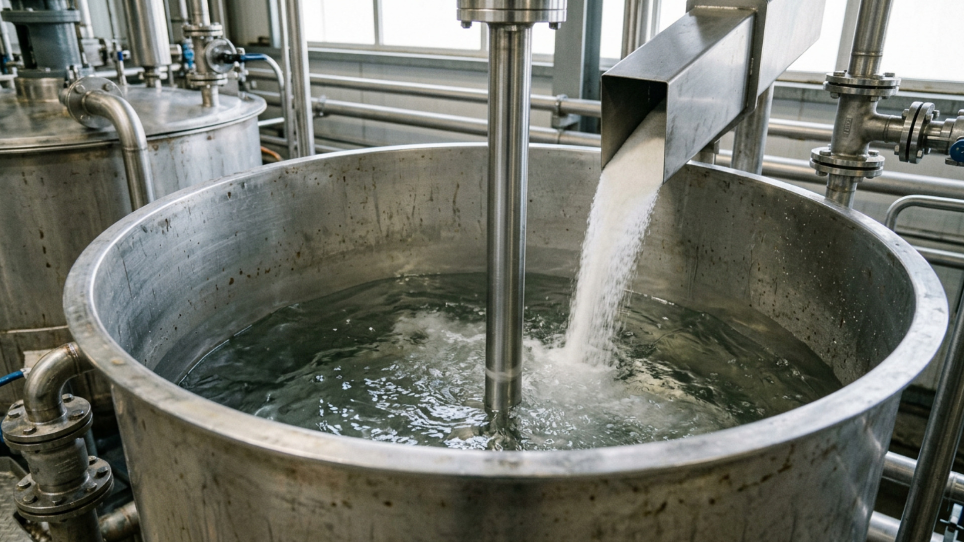 White dry material being added to an agitated liquid in an industrial stainless-steel mixing vessel.