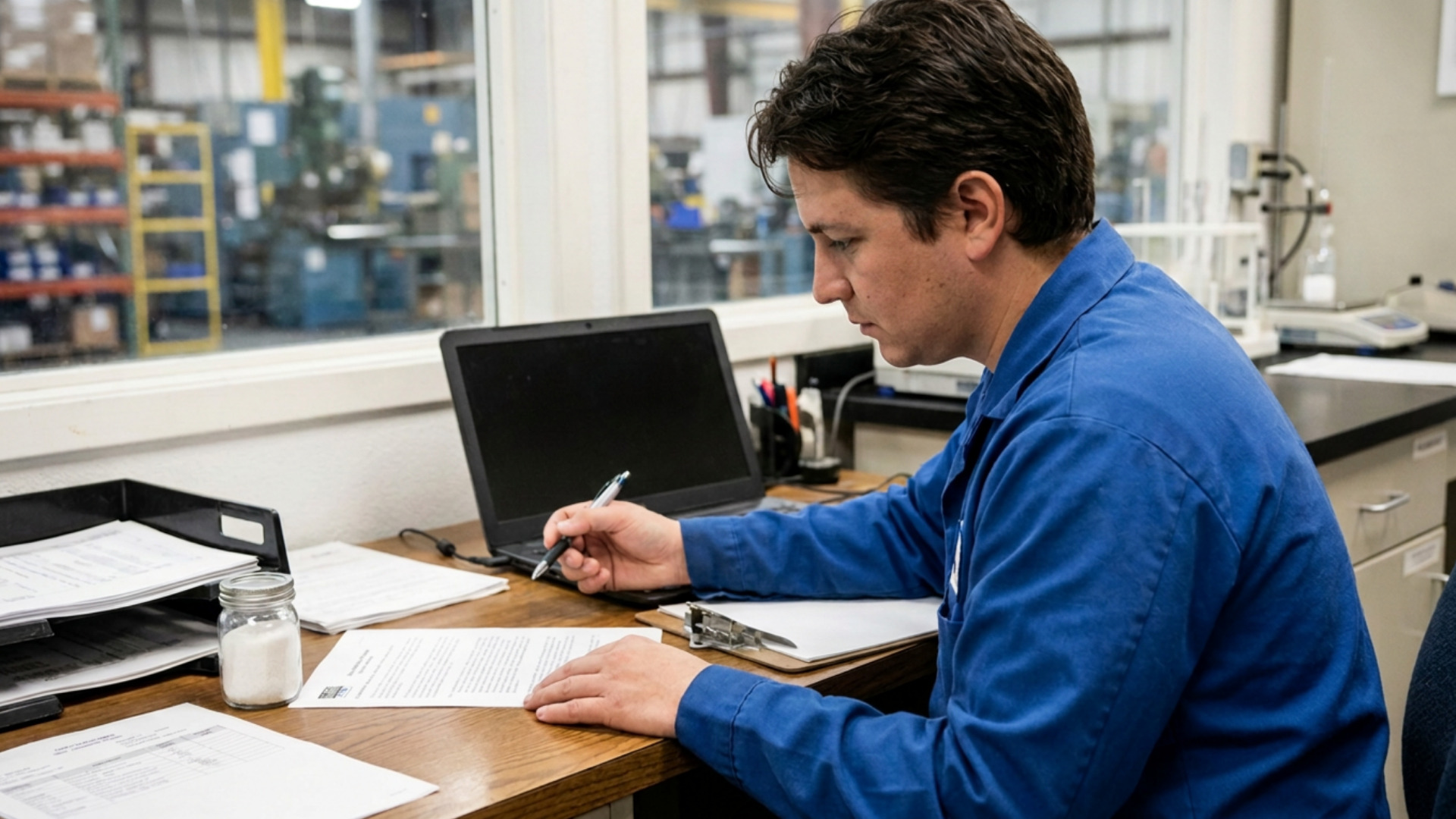 Technical professional reviewing an industrial material specification beside a white powder sample.